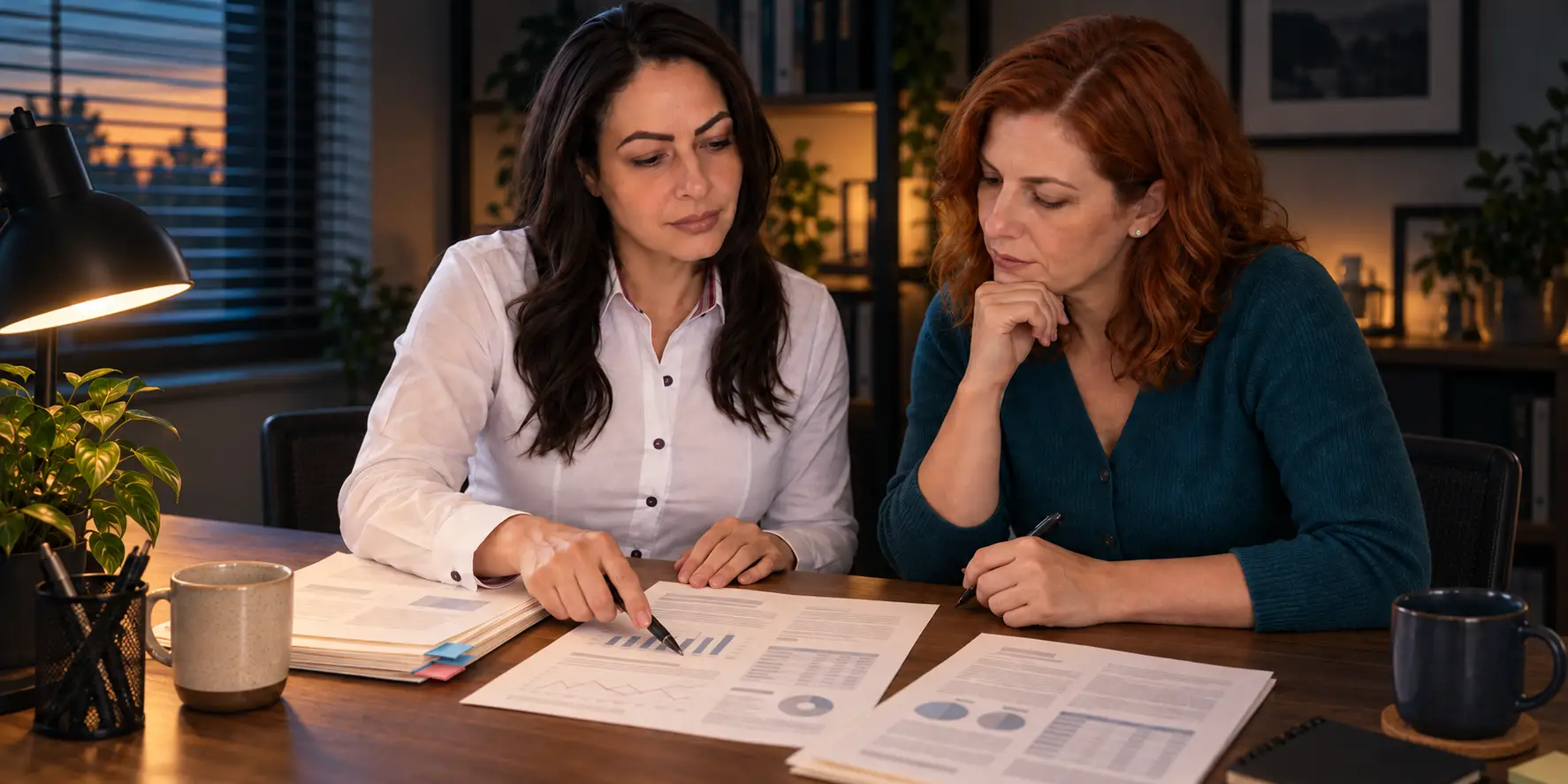 Representação editorial das duas sócias da Hard analisando informações e gráficos sobre uma mesa.