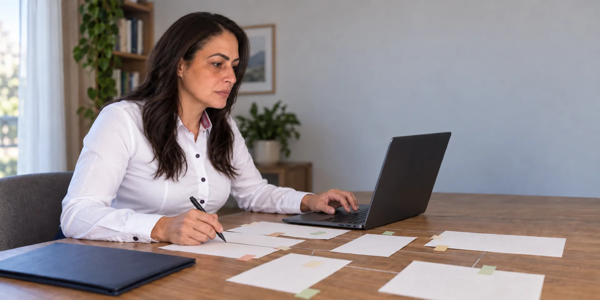 Consultora da Hard mapeando um fluxo de dados em papéis conectados sobre a mesa, ao lado do notebook.